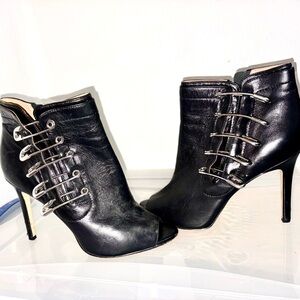 Black Leather Peep-Toe Ankle Boots